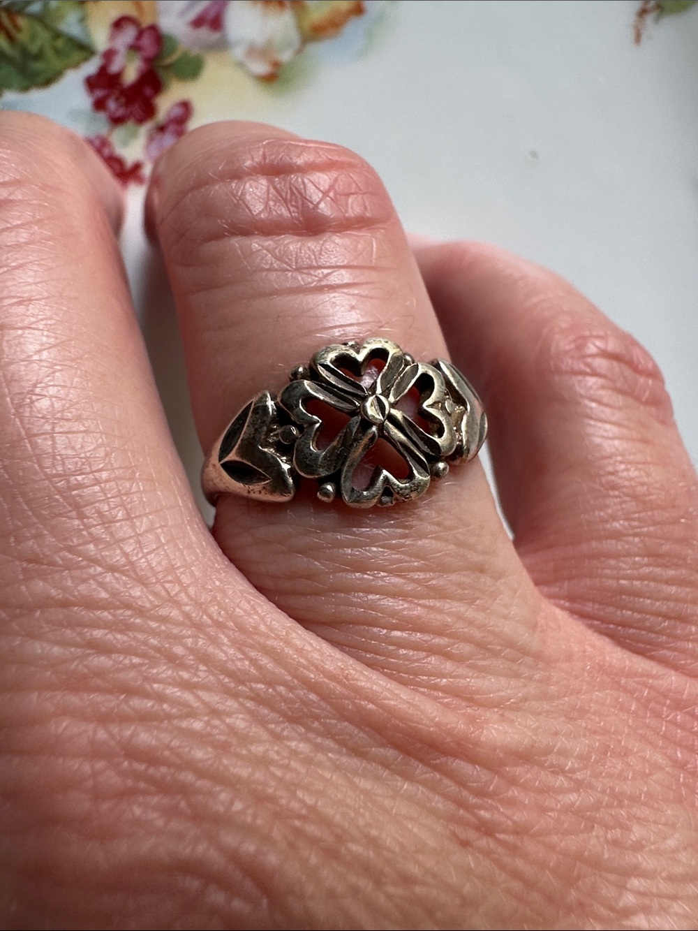 Sterling Silver Heart & Clover Filigree Ring - Vintage Style